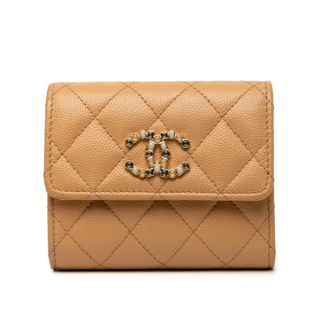 Chanel Coco Mark Compact Wallet Tri-fold Beige Brown Canvas Women's CHANEL